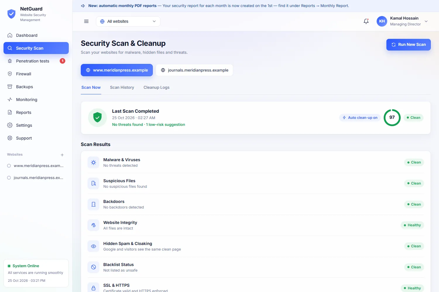 Health check results grouped by area, with a score for each website
