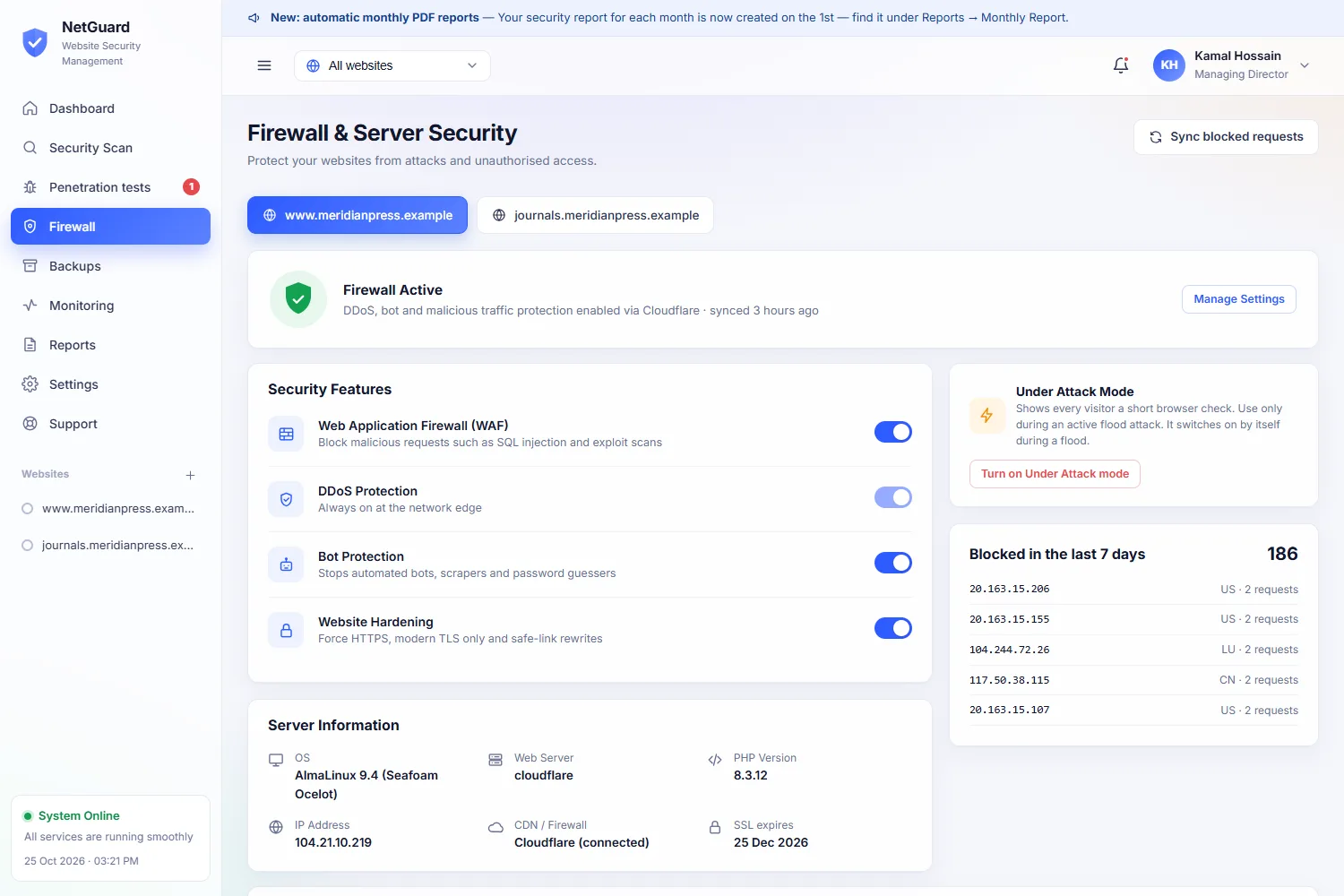 Firewall page for the client's own domain