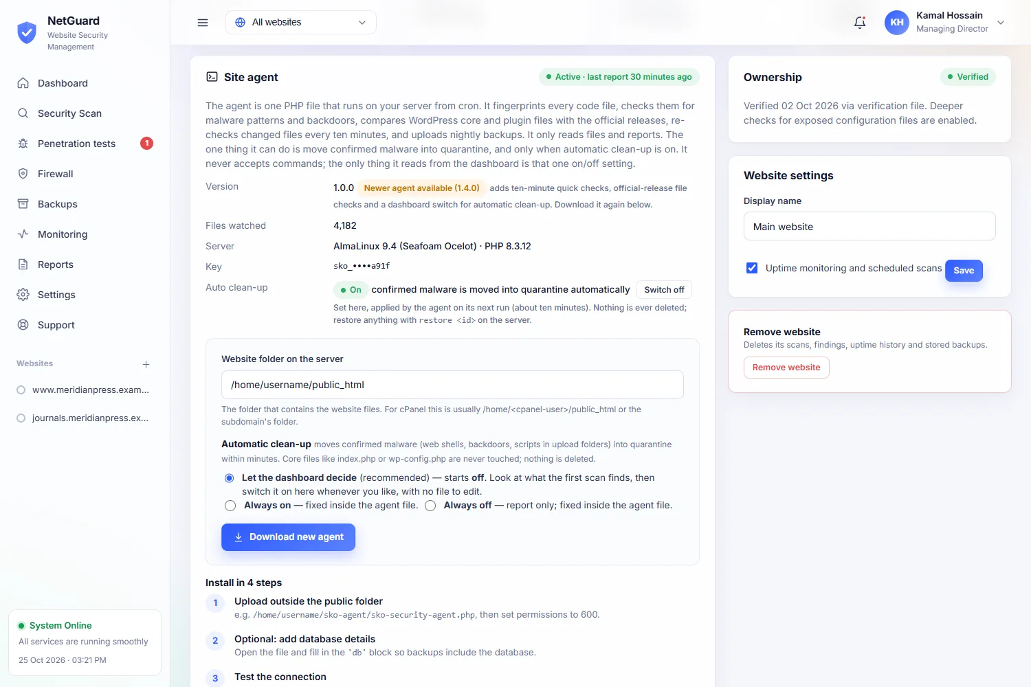 Site agent card: version, files watched and the clean-up switch