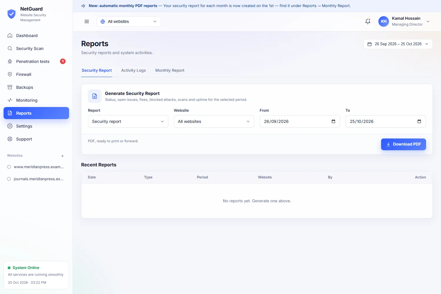 Reports, including the automatic monthly PDF
