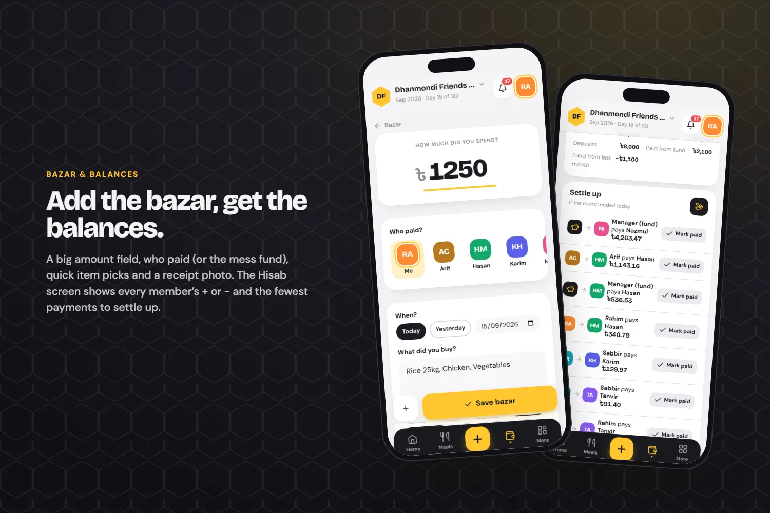 Adding bazar and the member balances with the settle-up plan