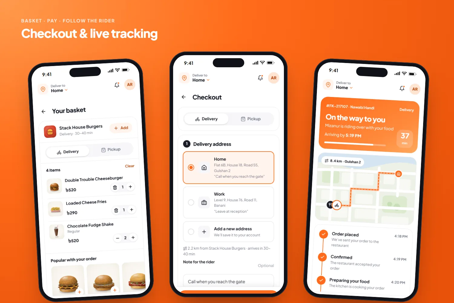 Basket, checkout and live order tracking with the rider