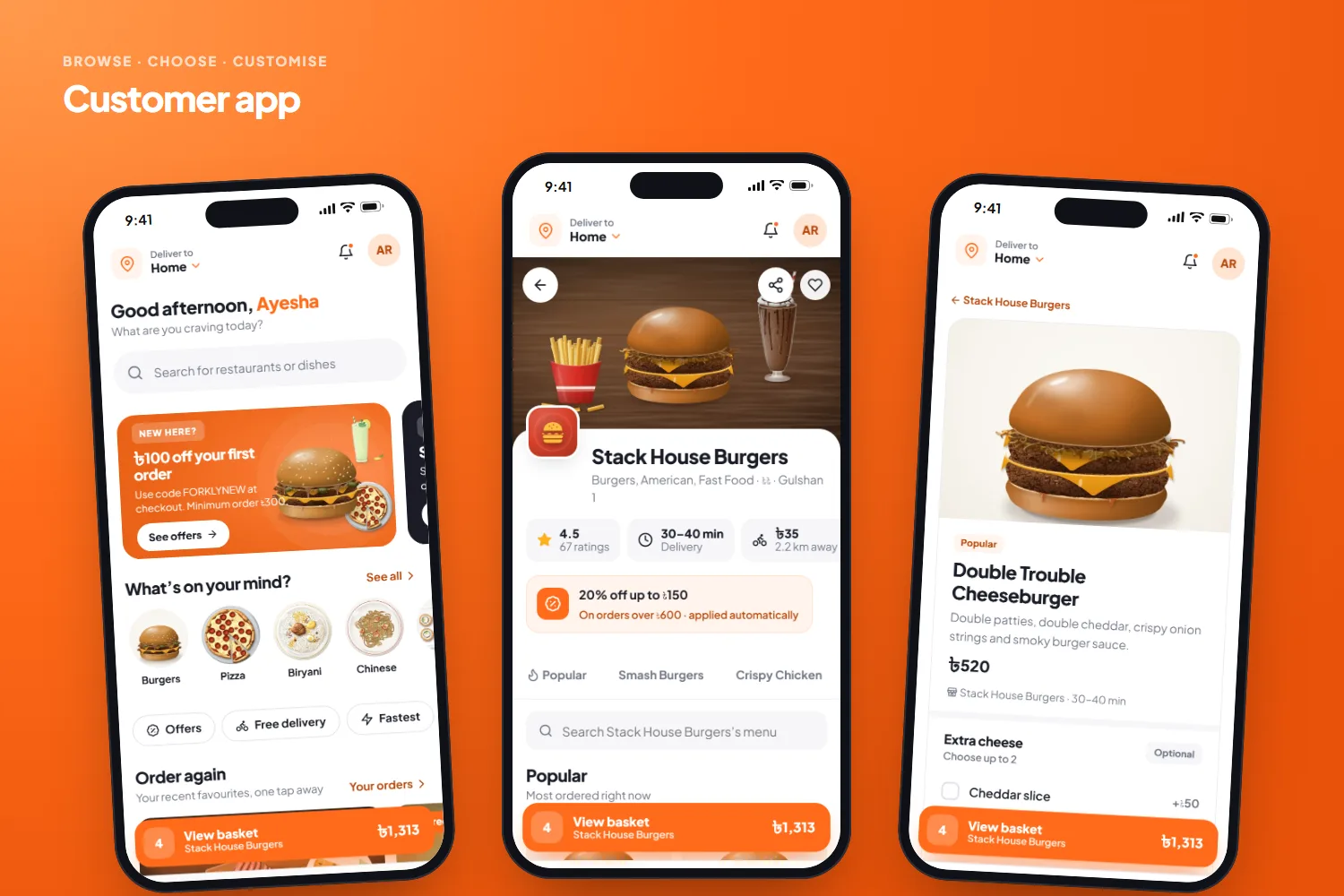 Customer app: nearby restaurants, menus and dish customisation