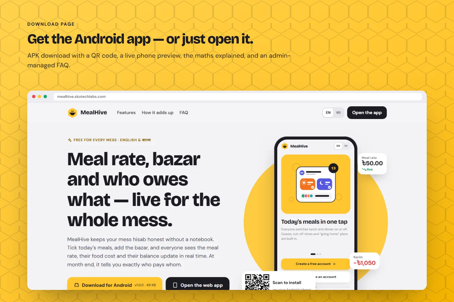Download page with the Android APK and a live app preview