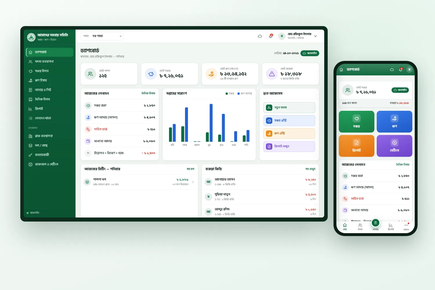 Dashboard on a laptop and the phone home screen: members, savings, loans, overdue and today's collection