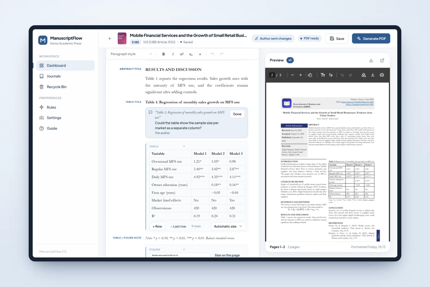 Document view: edit the article like a Word file, with headings, tables, equations and author comments in place