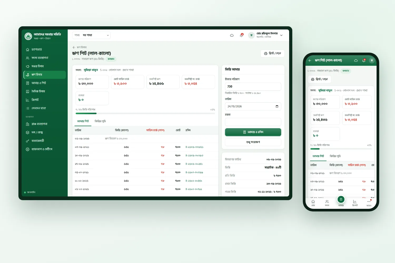 One loan: amounts, remaining principal and service charge, progress, collections and the installment schedule