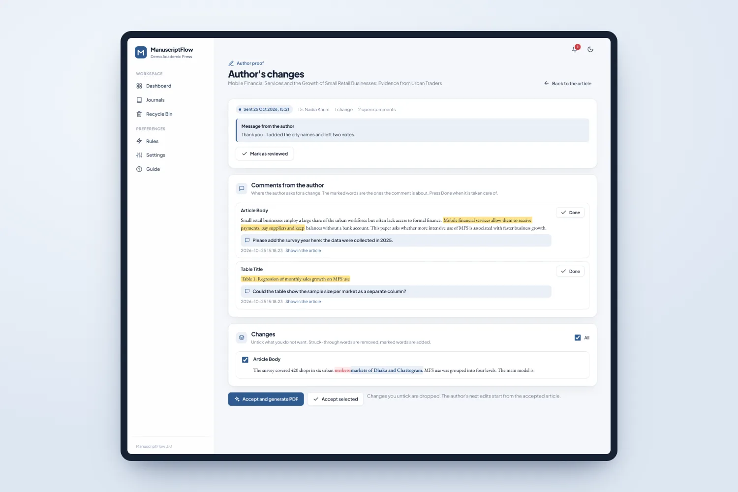 Reviewing the author changes: comments with the marked words, and every edit shown word by word