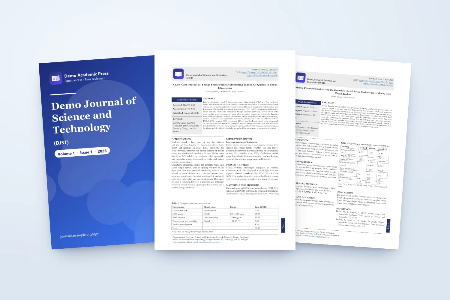 Typeset pages: journal cover, title page with article information, tables, figures and equations