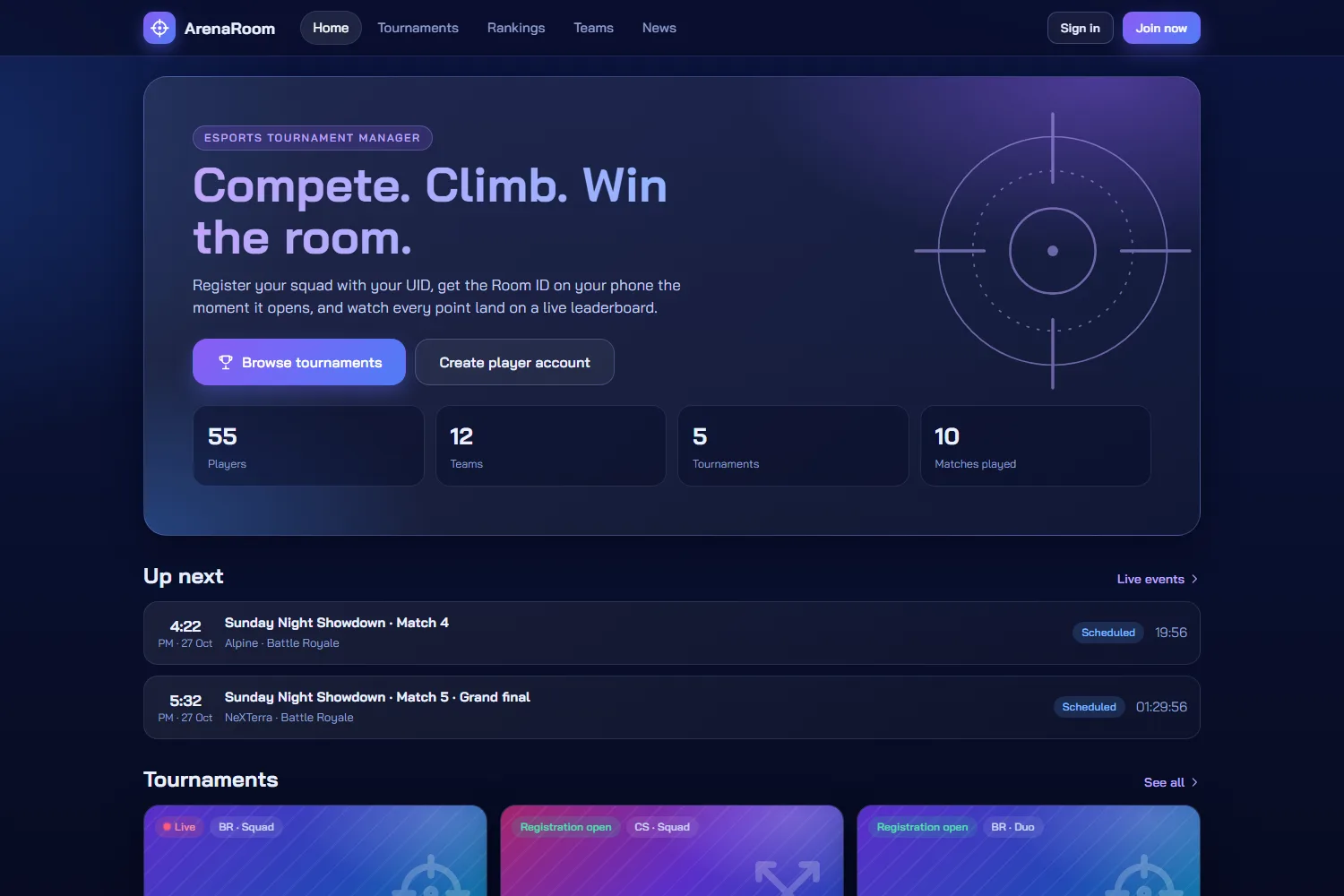 Home page: live matches, tournaments with open registration and the season ranking