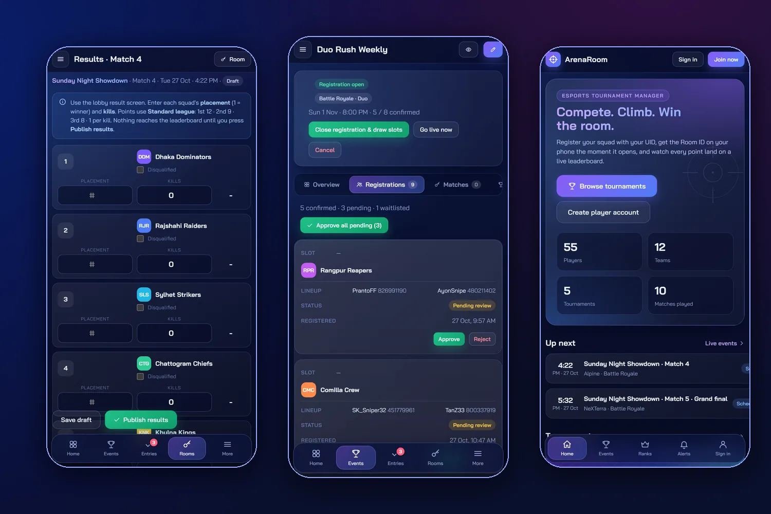 More phone screens: result entry, registrations and the public home page