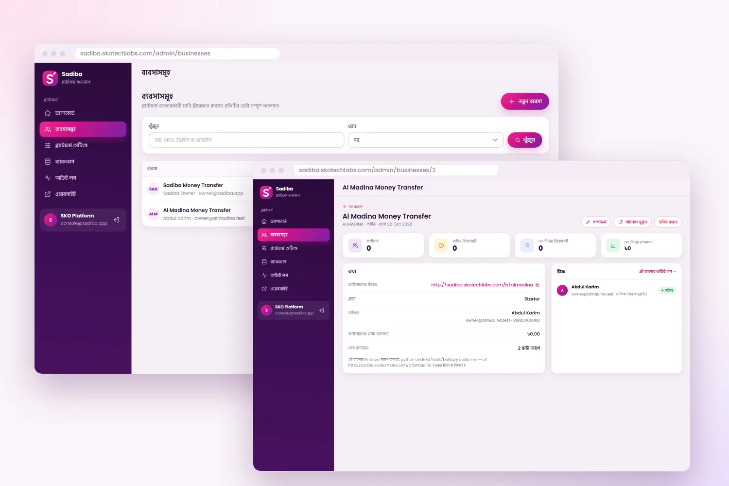 Platform console: every business with its link, plan, customers and requests