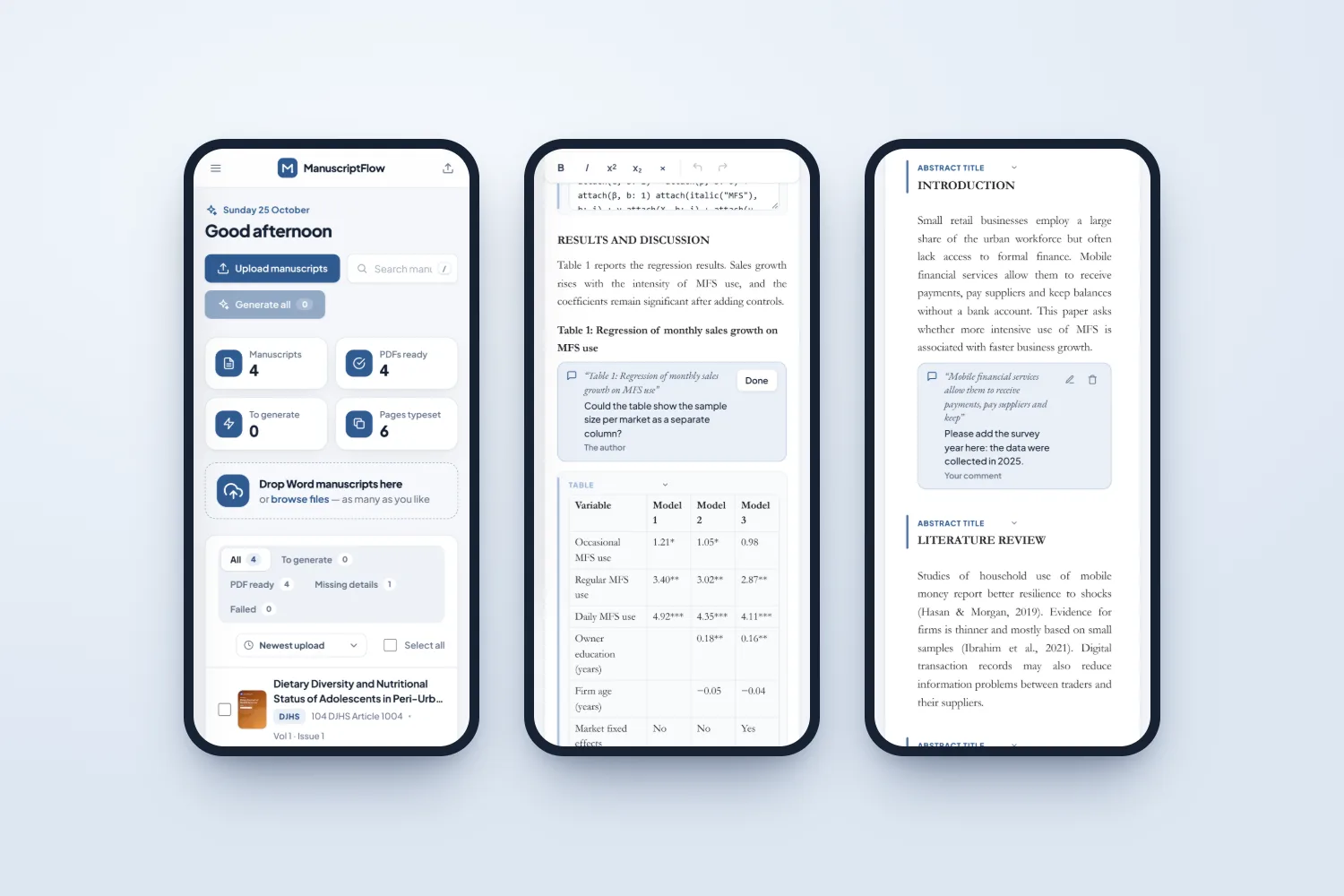 Phone screens: dashboard, document view and the author proof