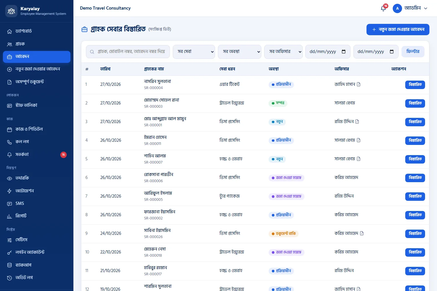Customer service list with filters by service, status, officer and date