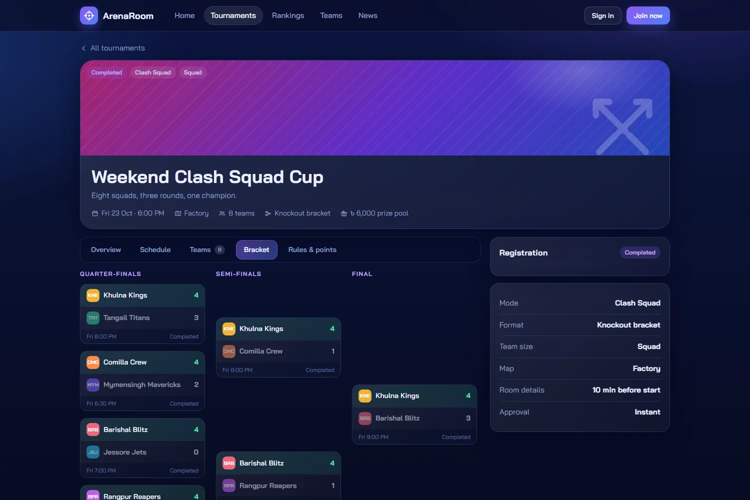 Clash Squad knockout bracket with scores and winners moving on