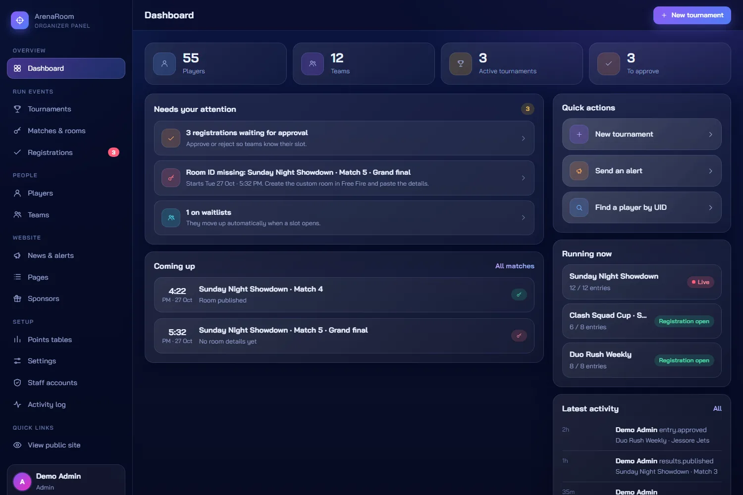Organizer dashboard: what needs attention, upcoming matches and quick actions