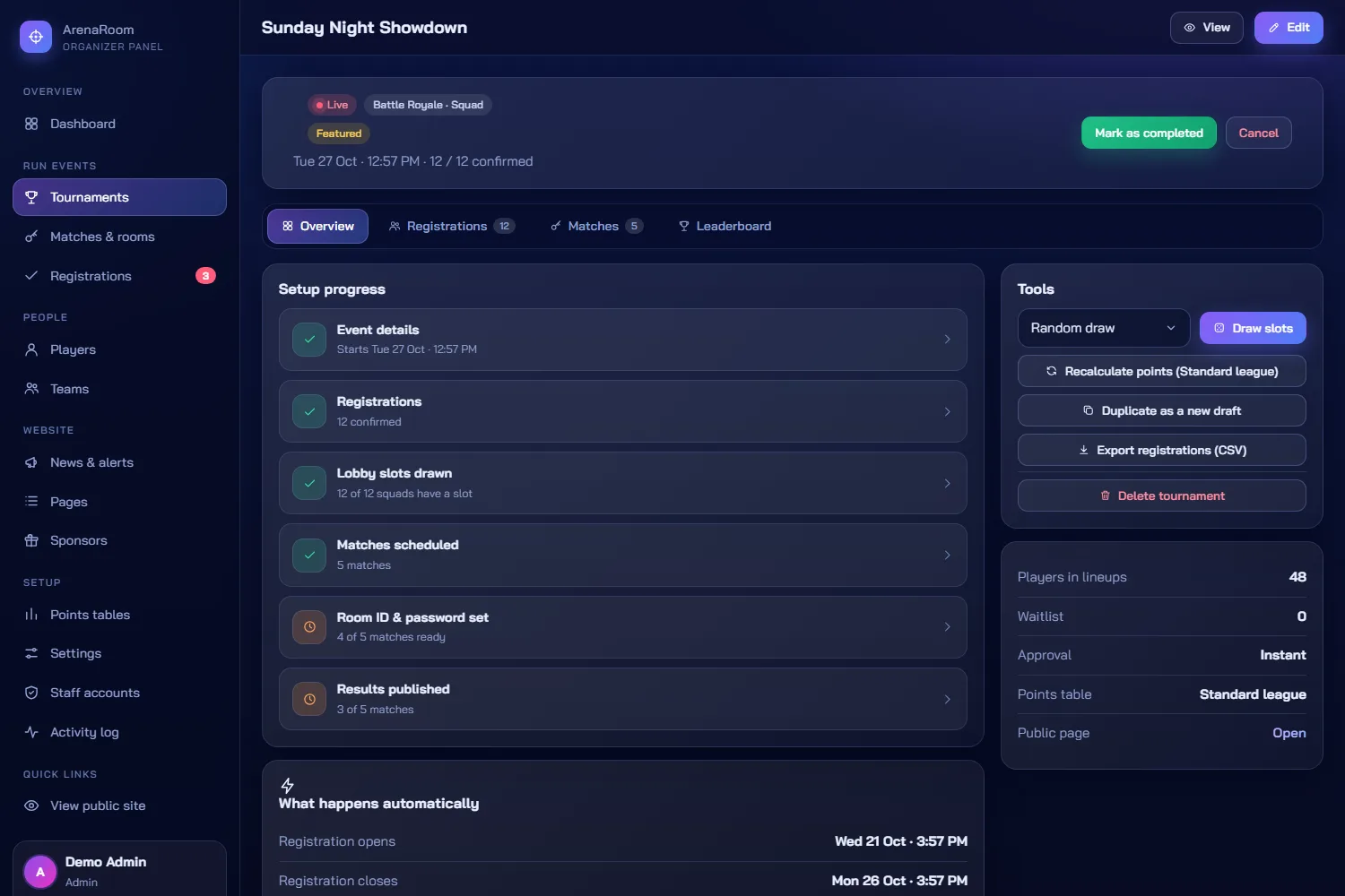 Tournament control room: setup progress and what happens automatically