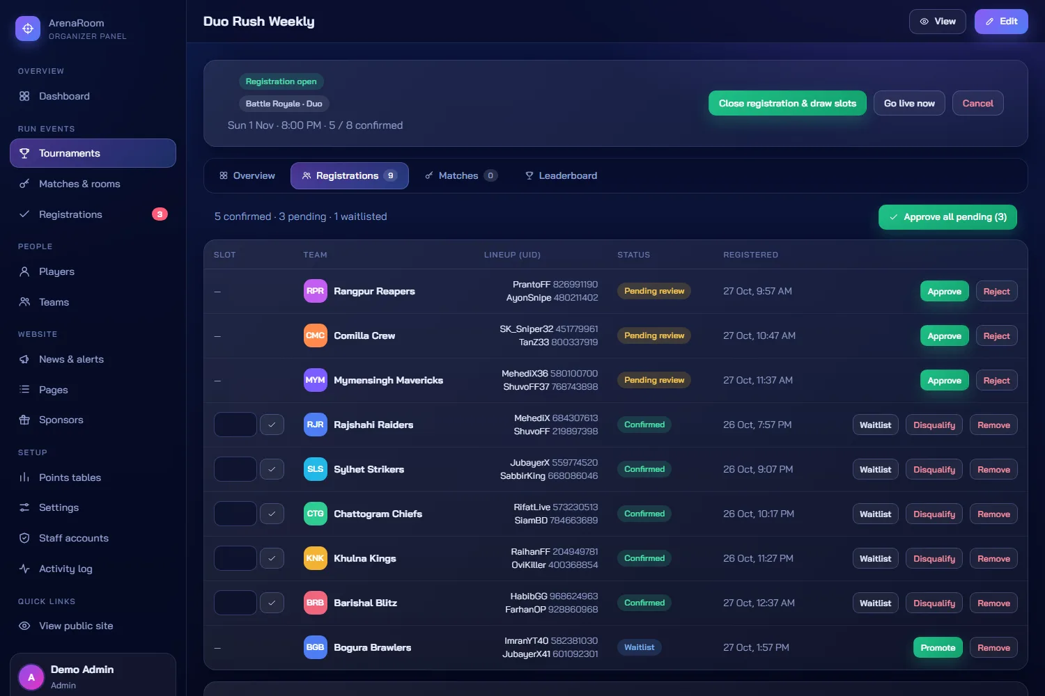 Approving registrations with every player UID visible