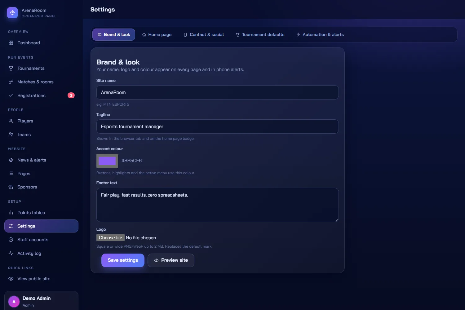 Settings: brand name, colour, contact links, maps and rules are all editable