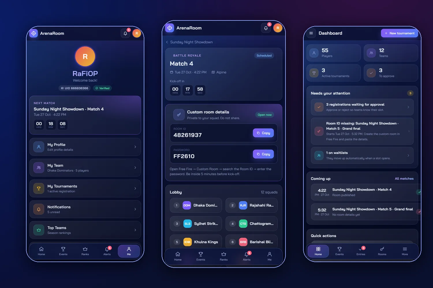 Phone screens: player hub, the Room ID card with copy buttons, and the organizer dashboard