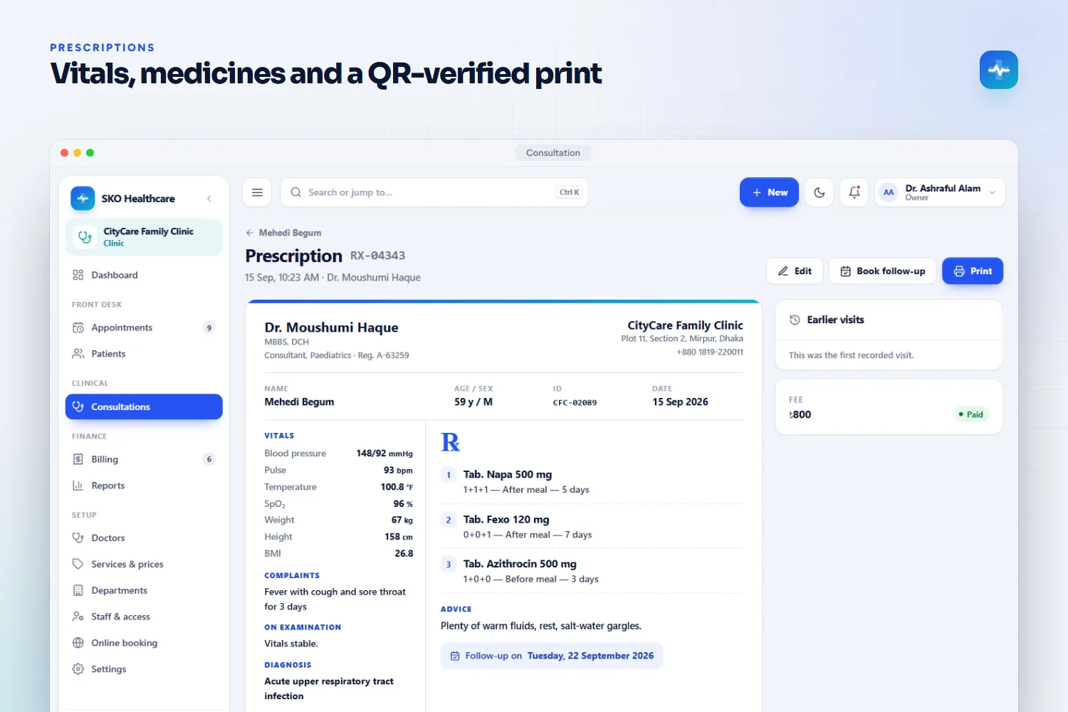 Prescription with vitals, medicines and a QR-verified print