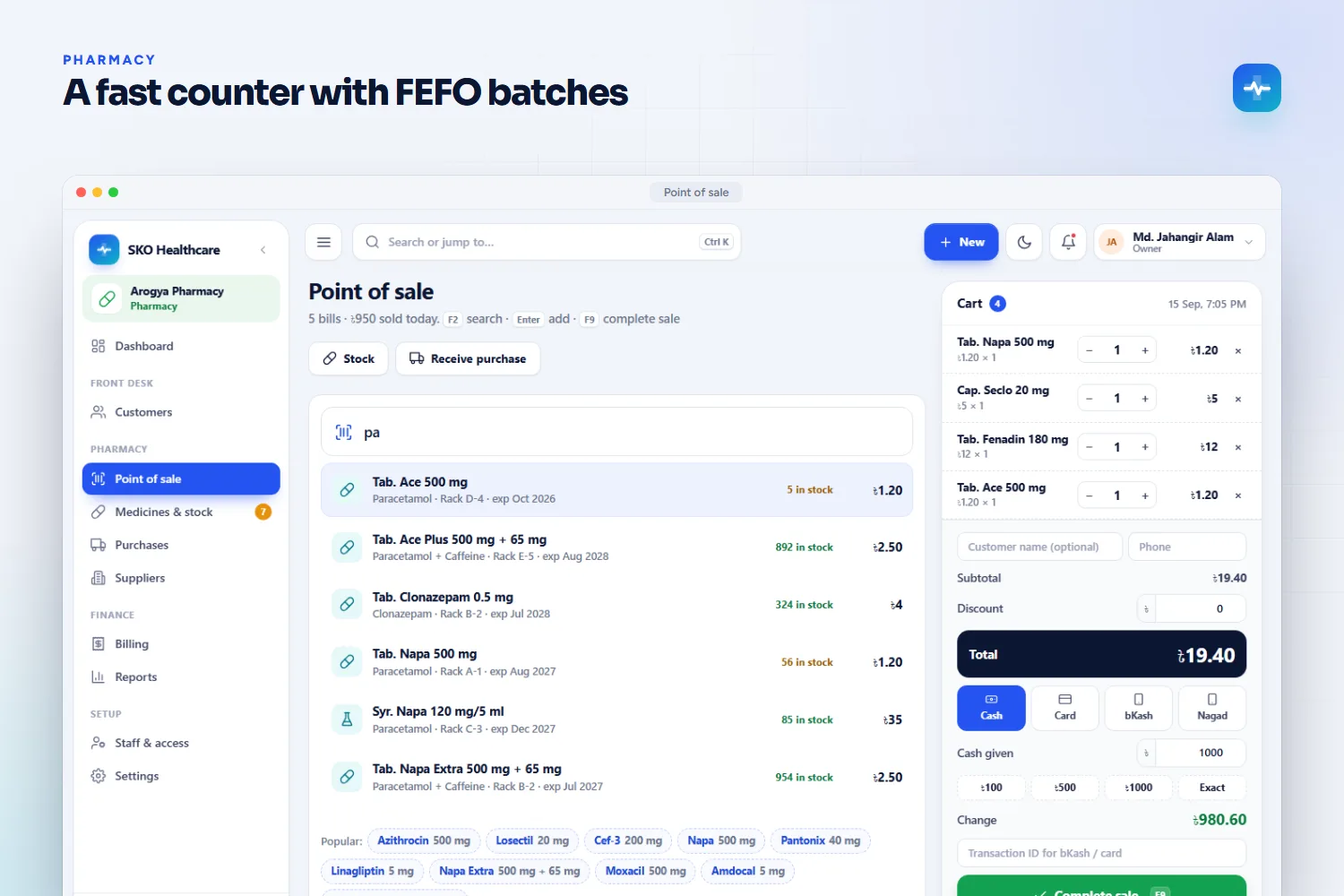 Pharmacy point of sale with first-expiry-first batches