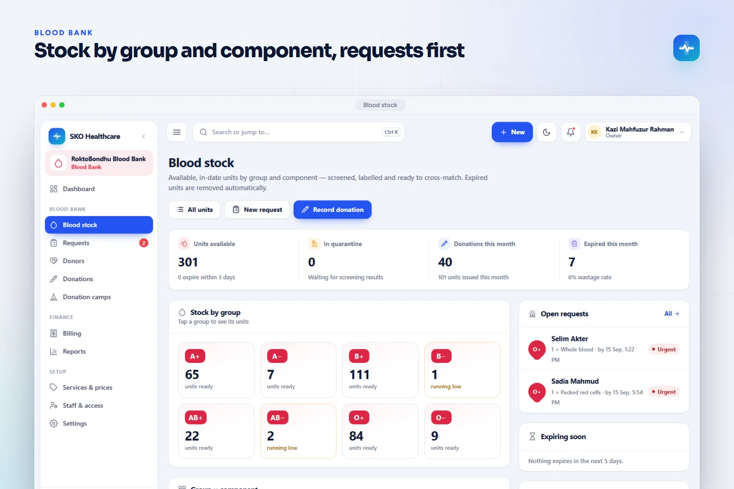 Blood bank stock by group and component
