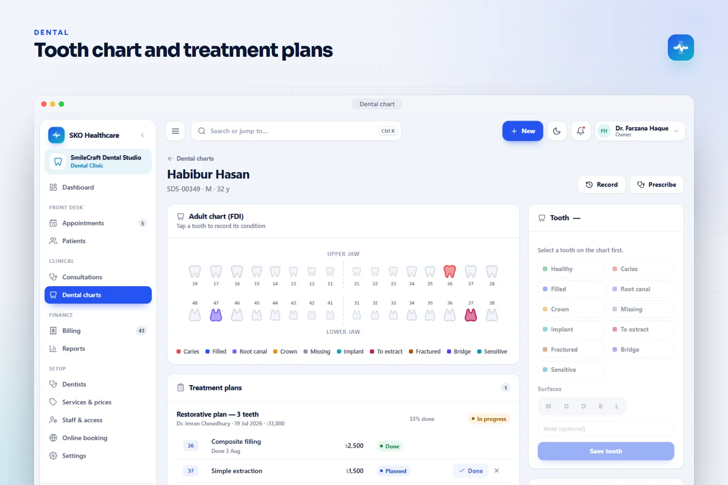 Dental tooth chart and treatment plans