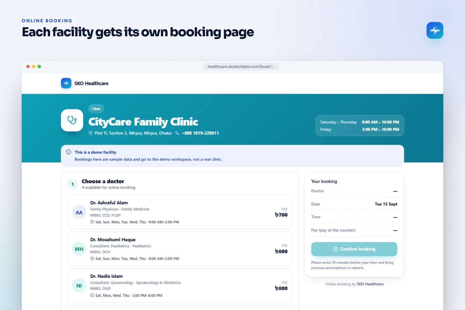Online booking page of a facility