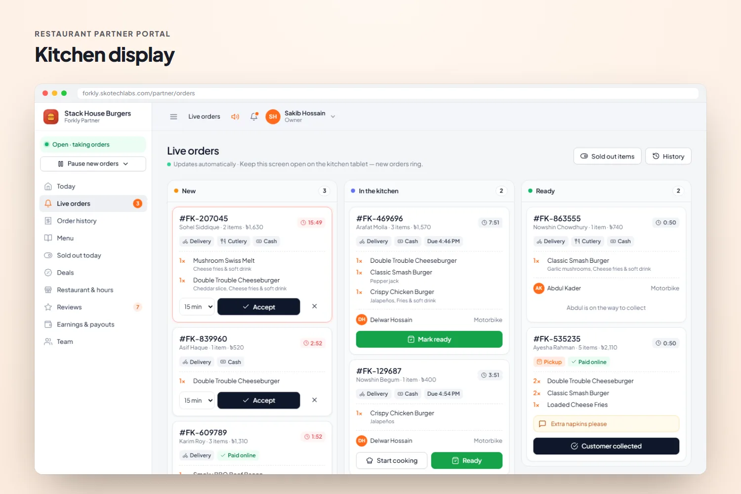 Restaurant partner portal: kitchen display with new-order alerts