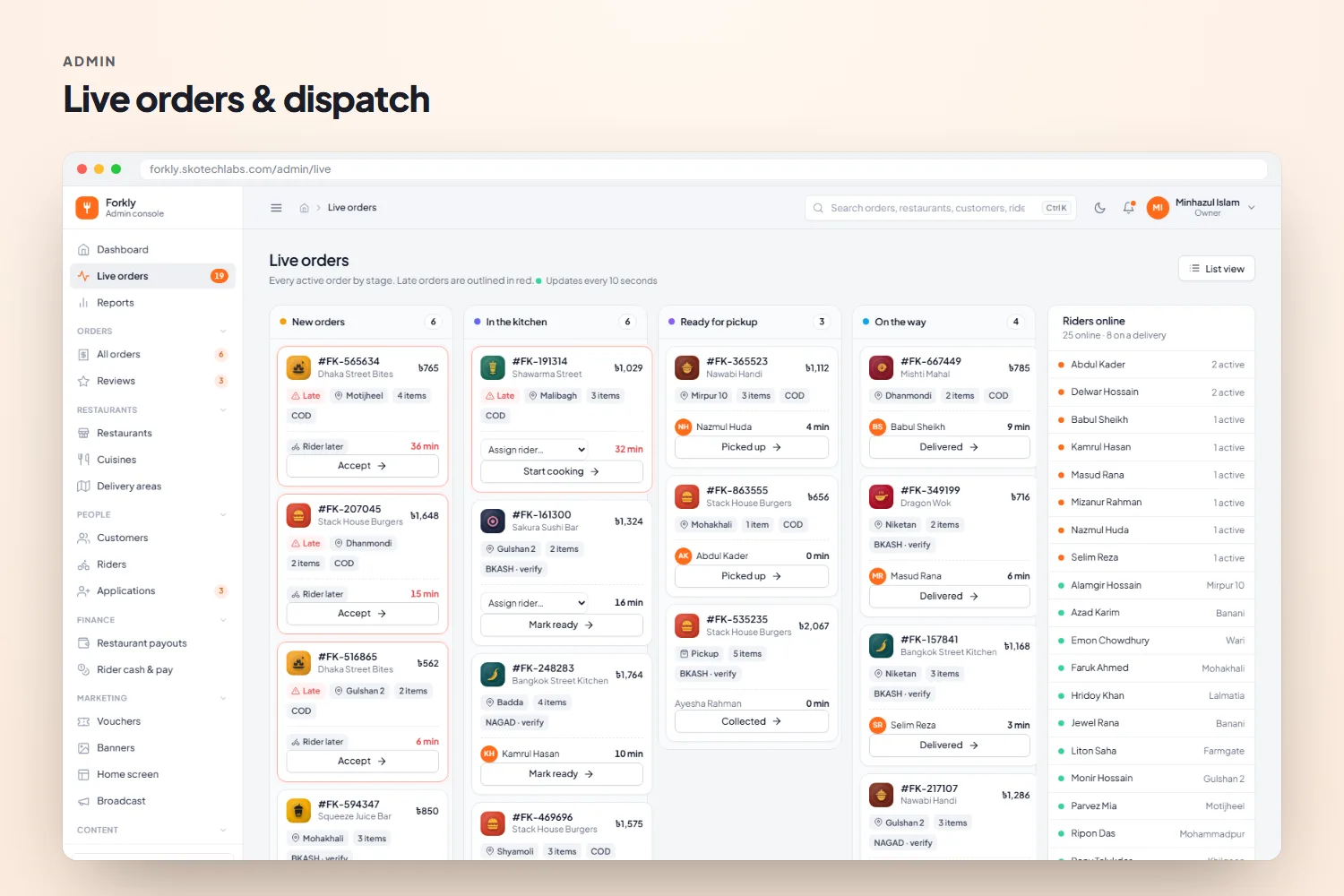 Live order board with rider dispatch