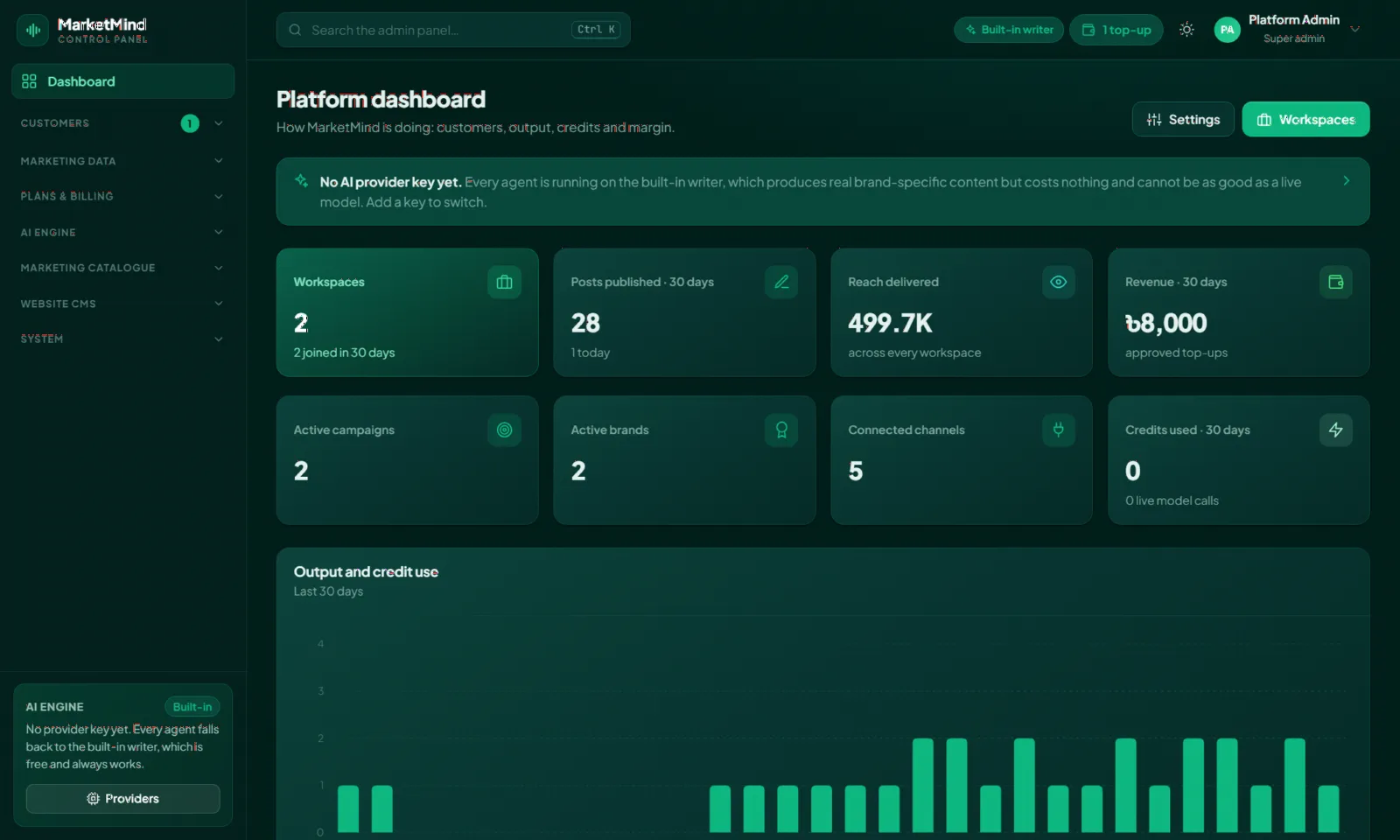 Platform admin - workspaces, credits, output and margin in one view