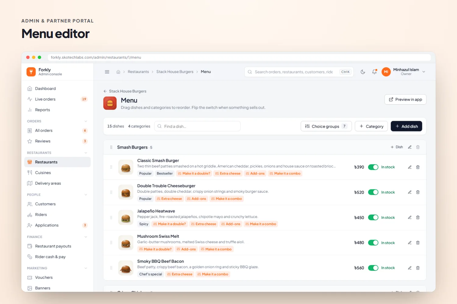 Menu editor with categories, choice groups and sold-out switches