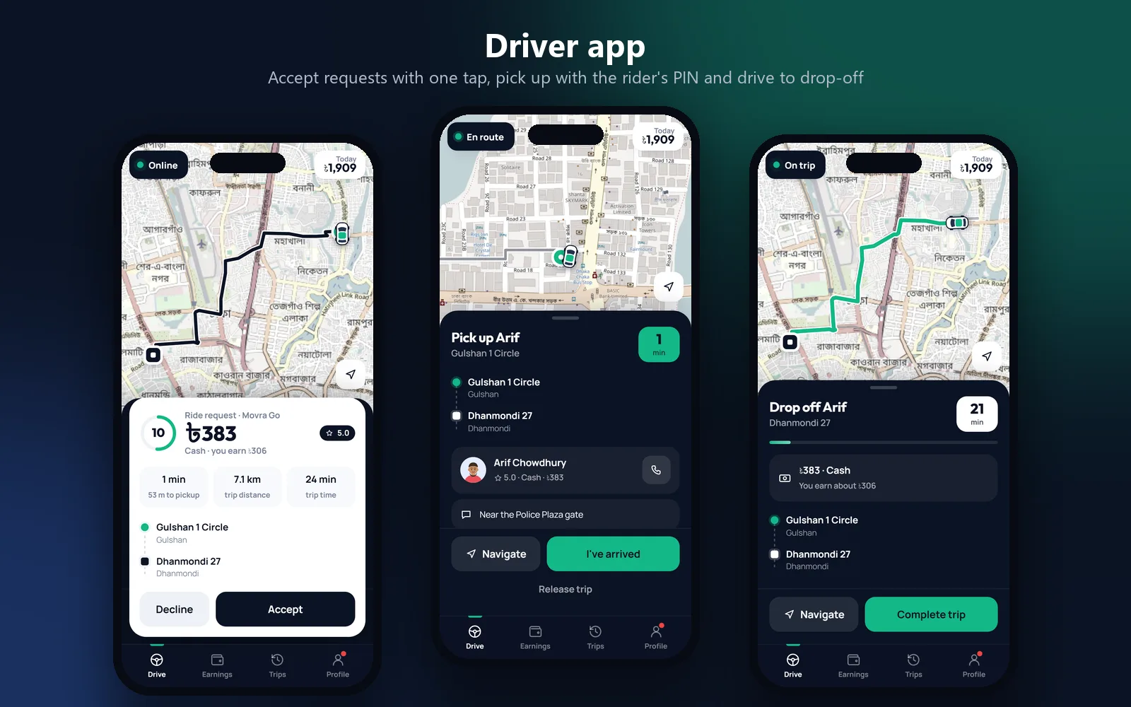 Driver app: go online, accept requests with one tap, pick up with the rider's PIN and drive to drop-off