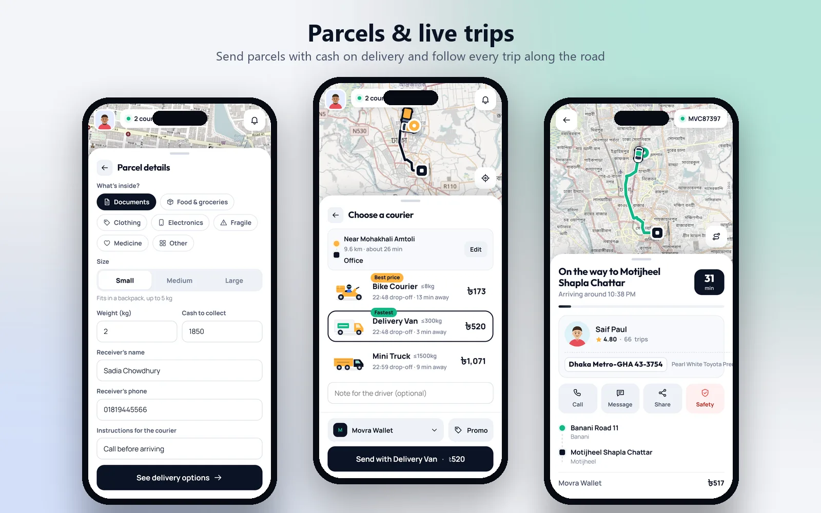 Parcel delivery with cash on delivery, and payments from Movra Wallet