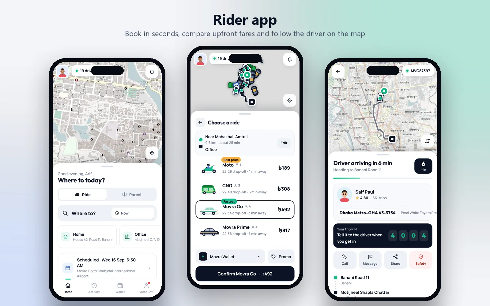 Rider app: book in seconds, compare upfront fares and follow the driver live on the map