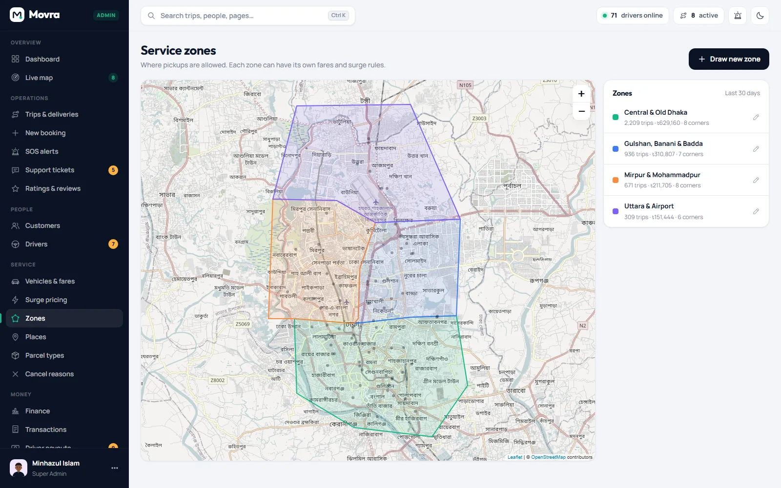 Service zones drawn on the map, each with its own fares