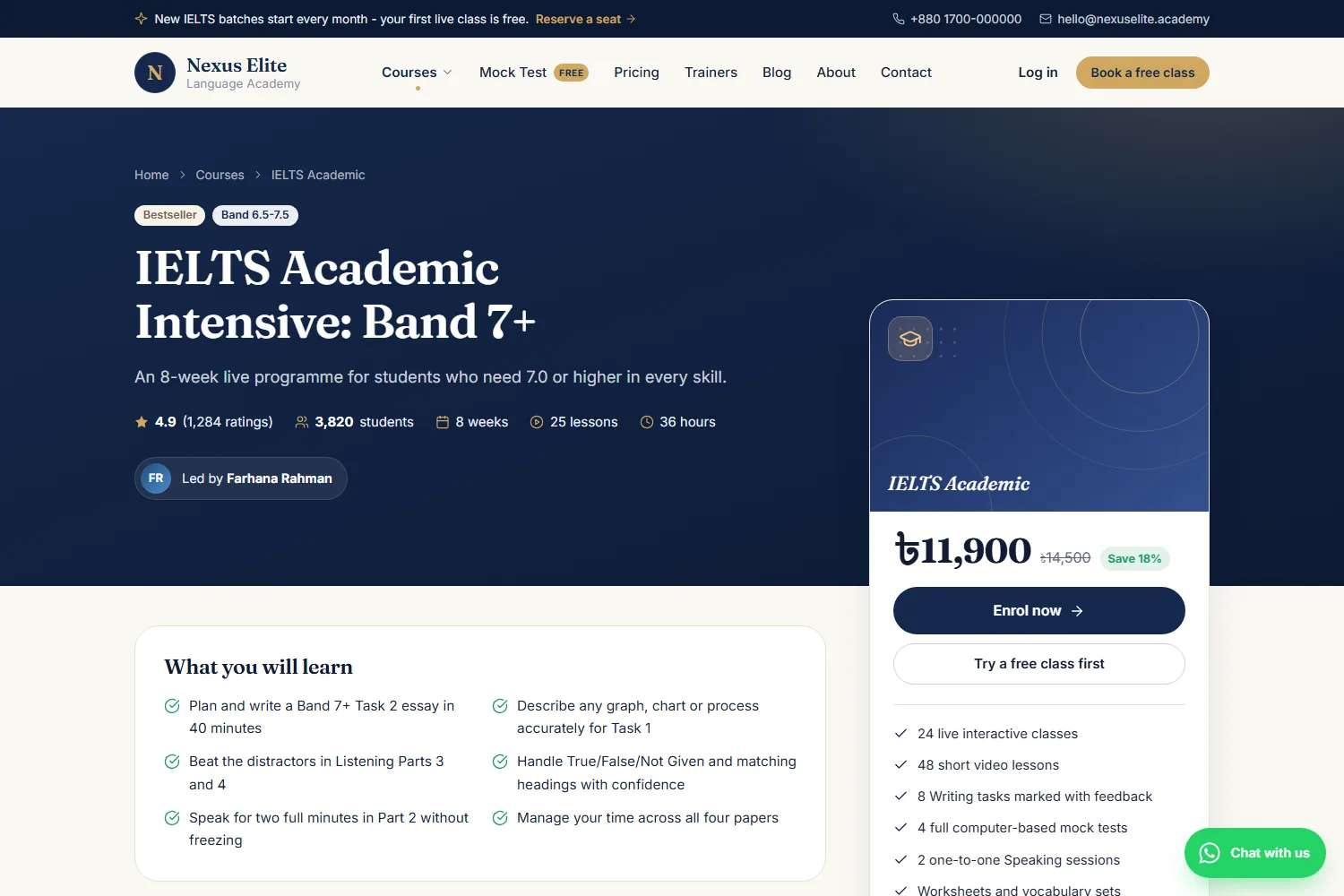 Course page with outcomes, pricing and enrolment