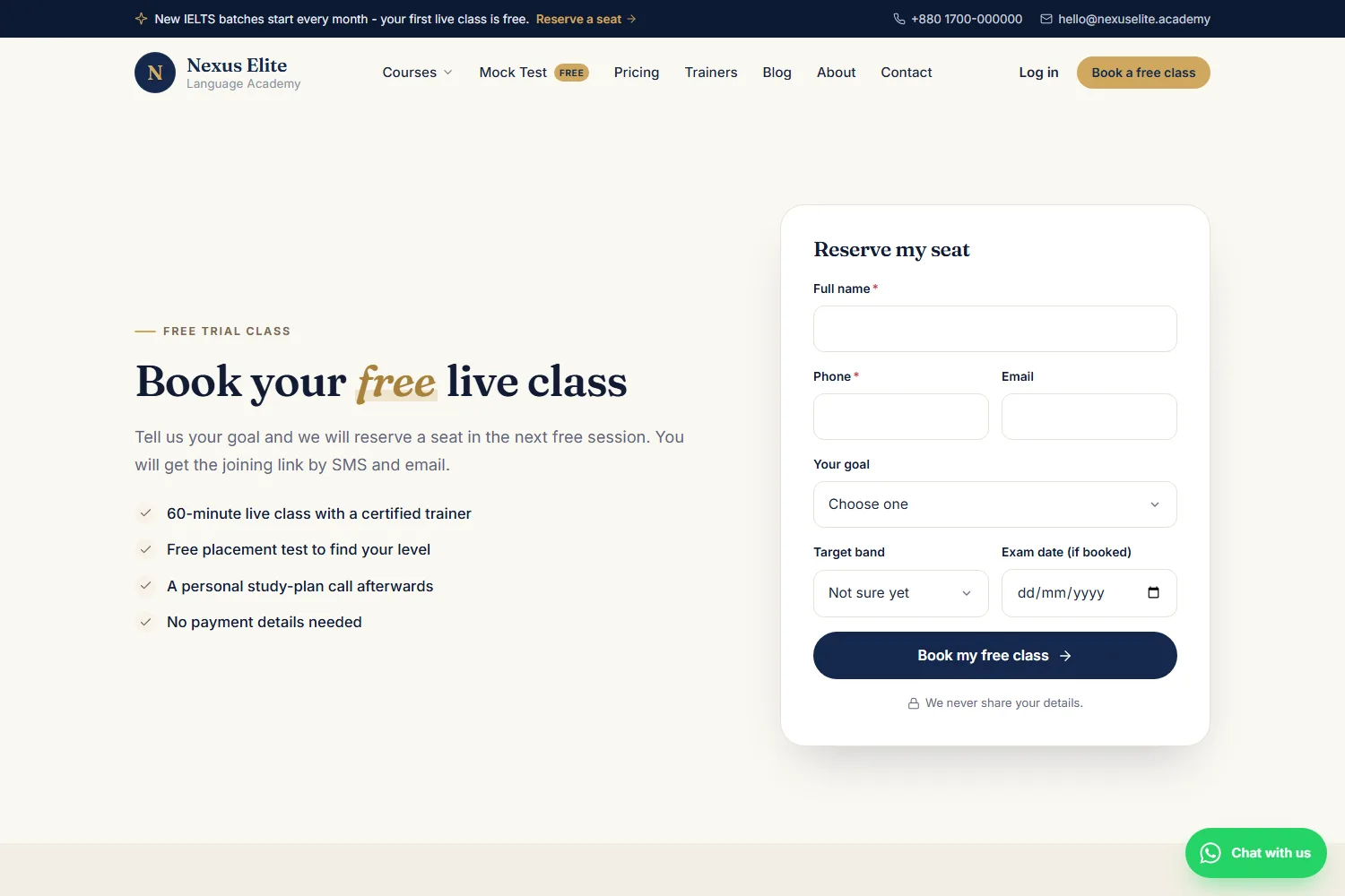 Free class booking — every submission becomes a lead