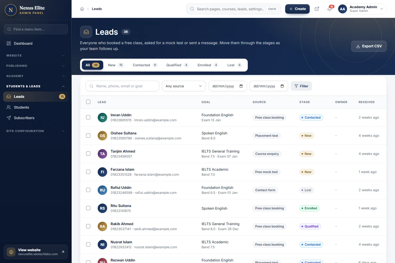 Lead pipeline with stages, filters and CSV export