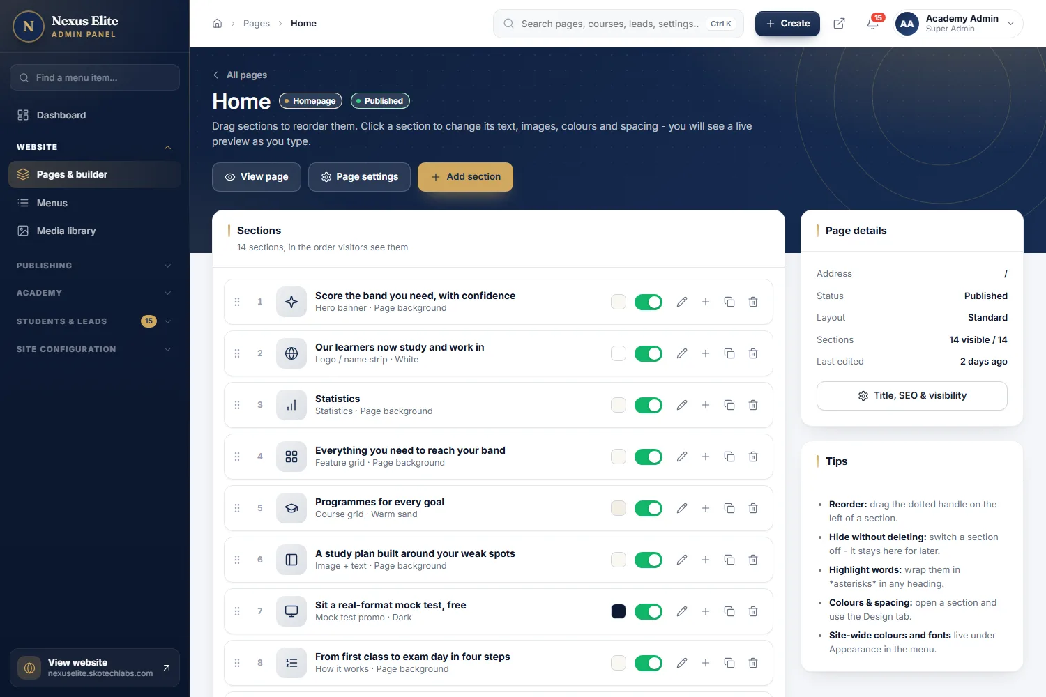 Page builder: reorder, hide and edit sections