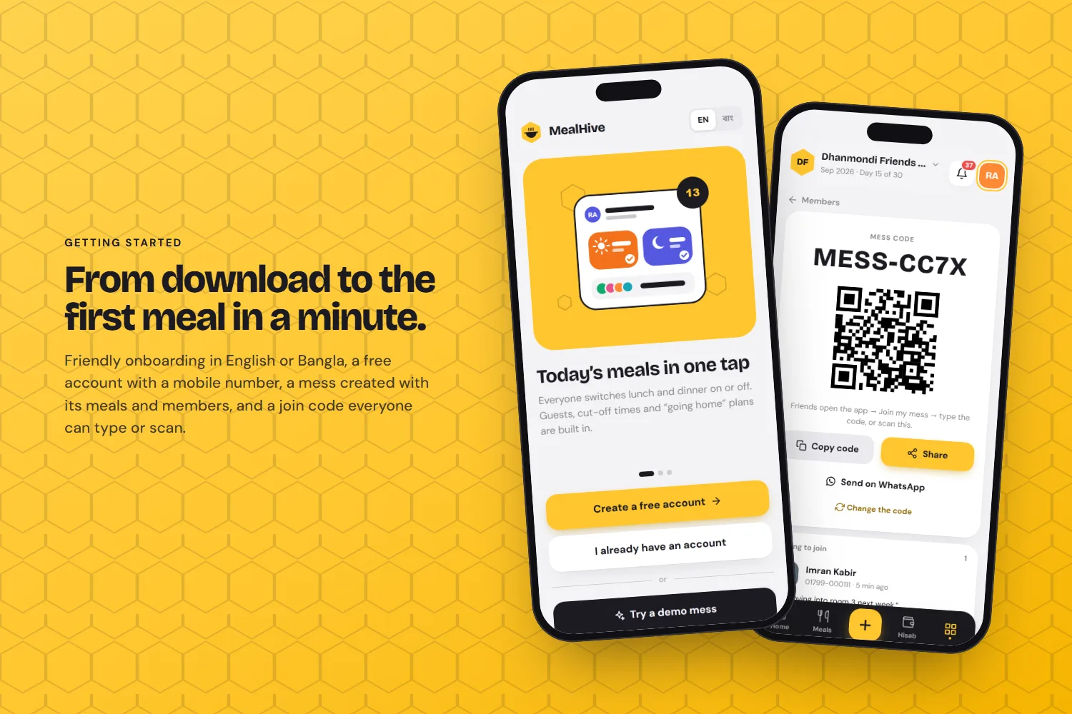 Onboarding and inviting members with a mess code and QR
