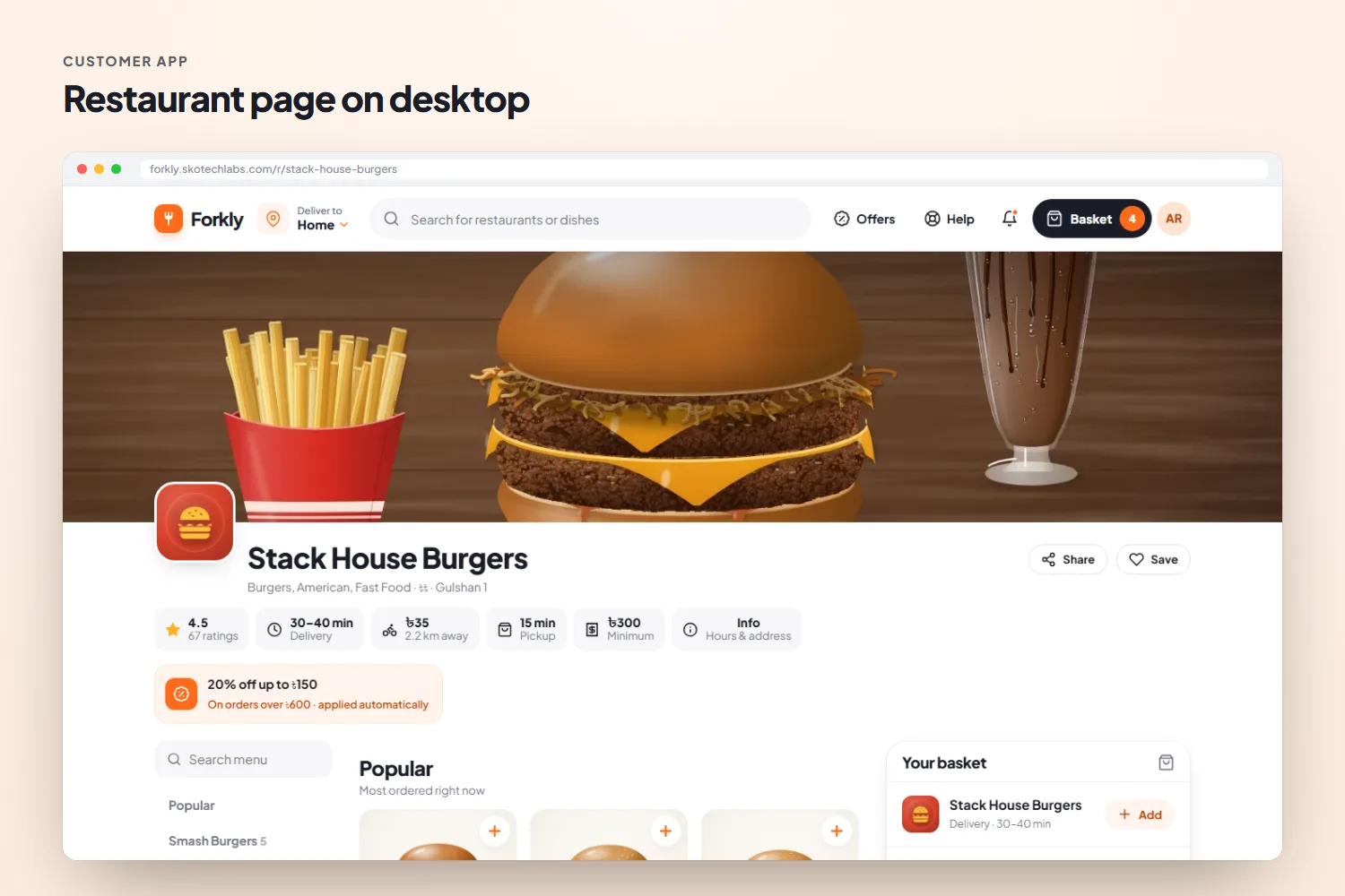 Restaurant page on desktop with deals, categories and popular dishes