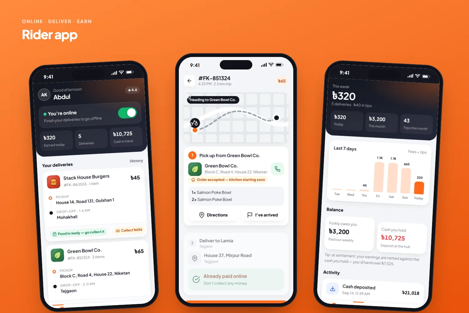 Rider app: online switch, step-by-step delivery and earnings