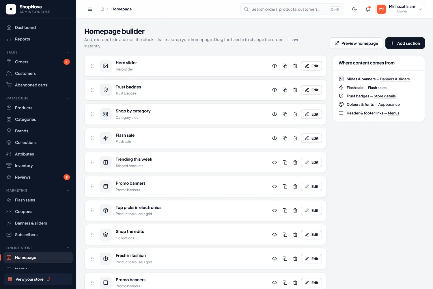 Homepage builder: add, reorder, hide and edit sections