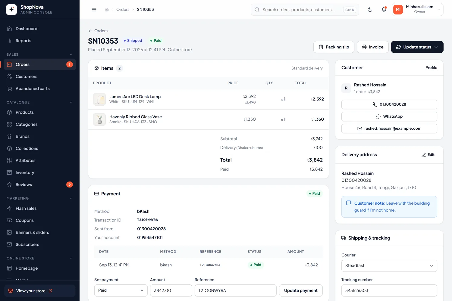Order management with payments, courier tracking and a full timeline