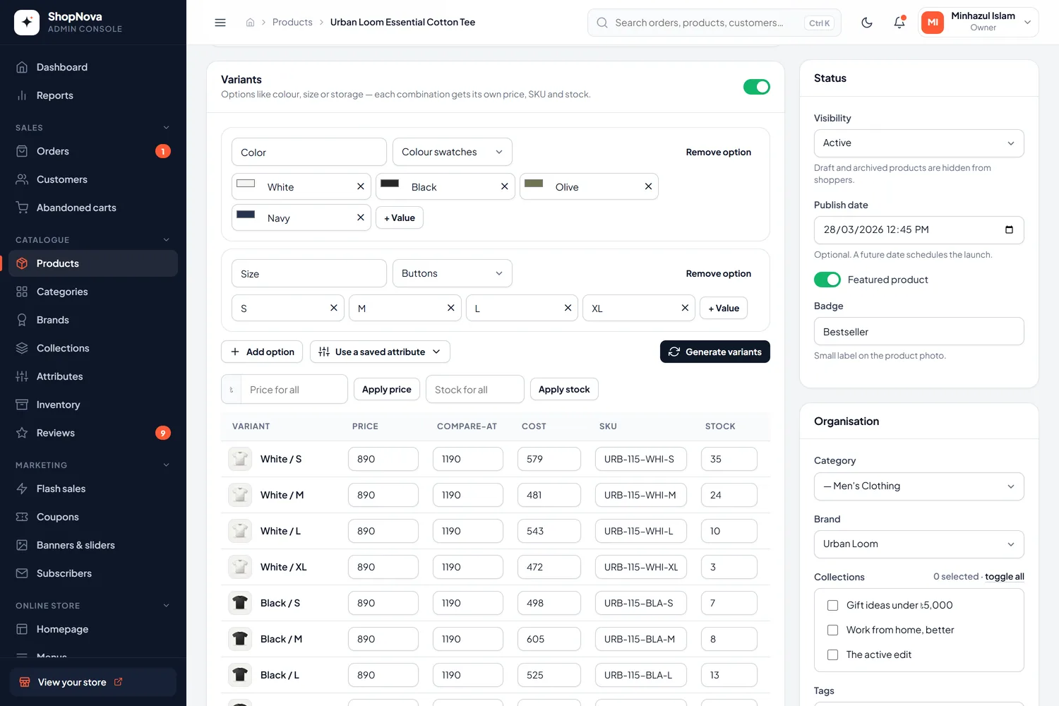 Product editor with variants, per-variant price, SKU and stock