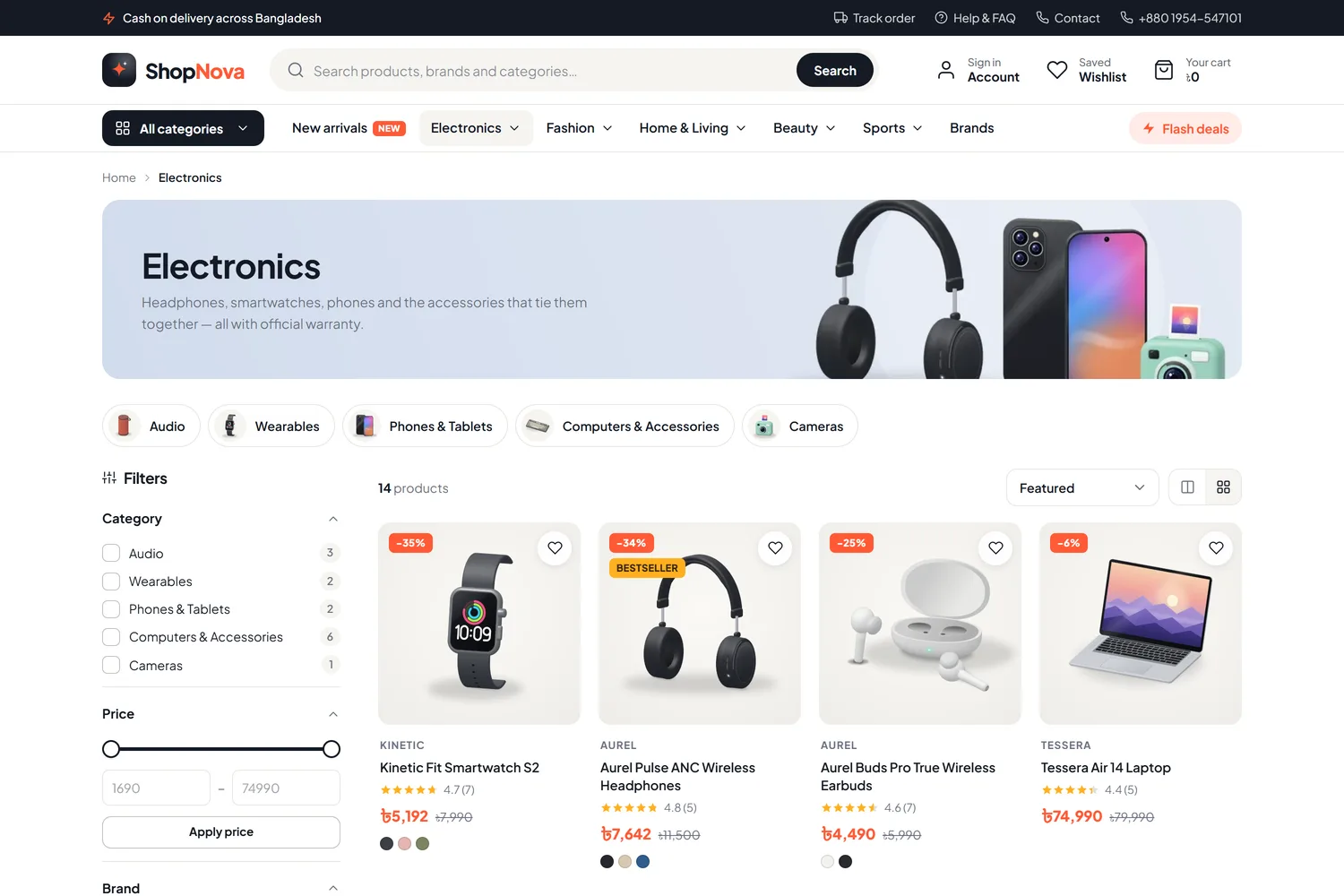 Category page with sub-categories, filters and quick add to cart