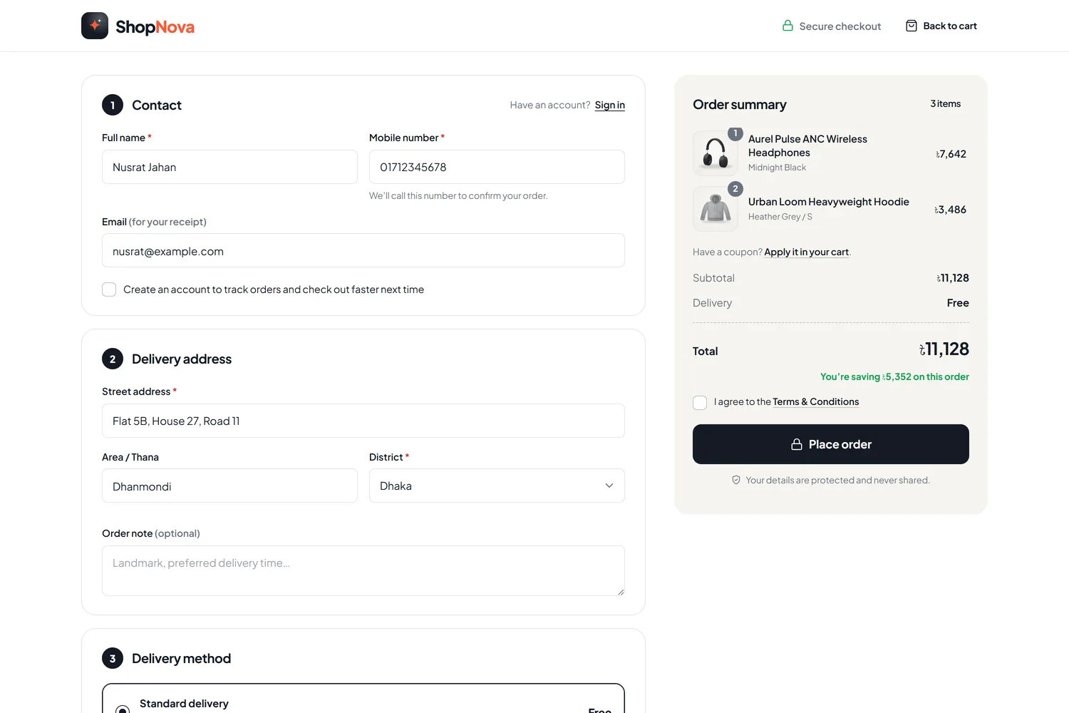 One-page checkout with delivery charges by district and cash on delivery