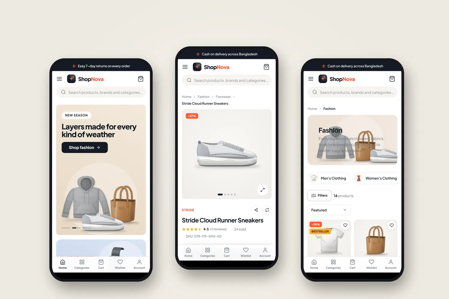 Mobile-first storefront: home, product and category pages